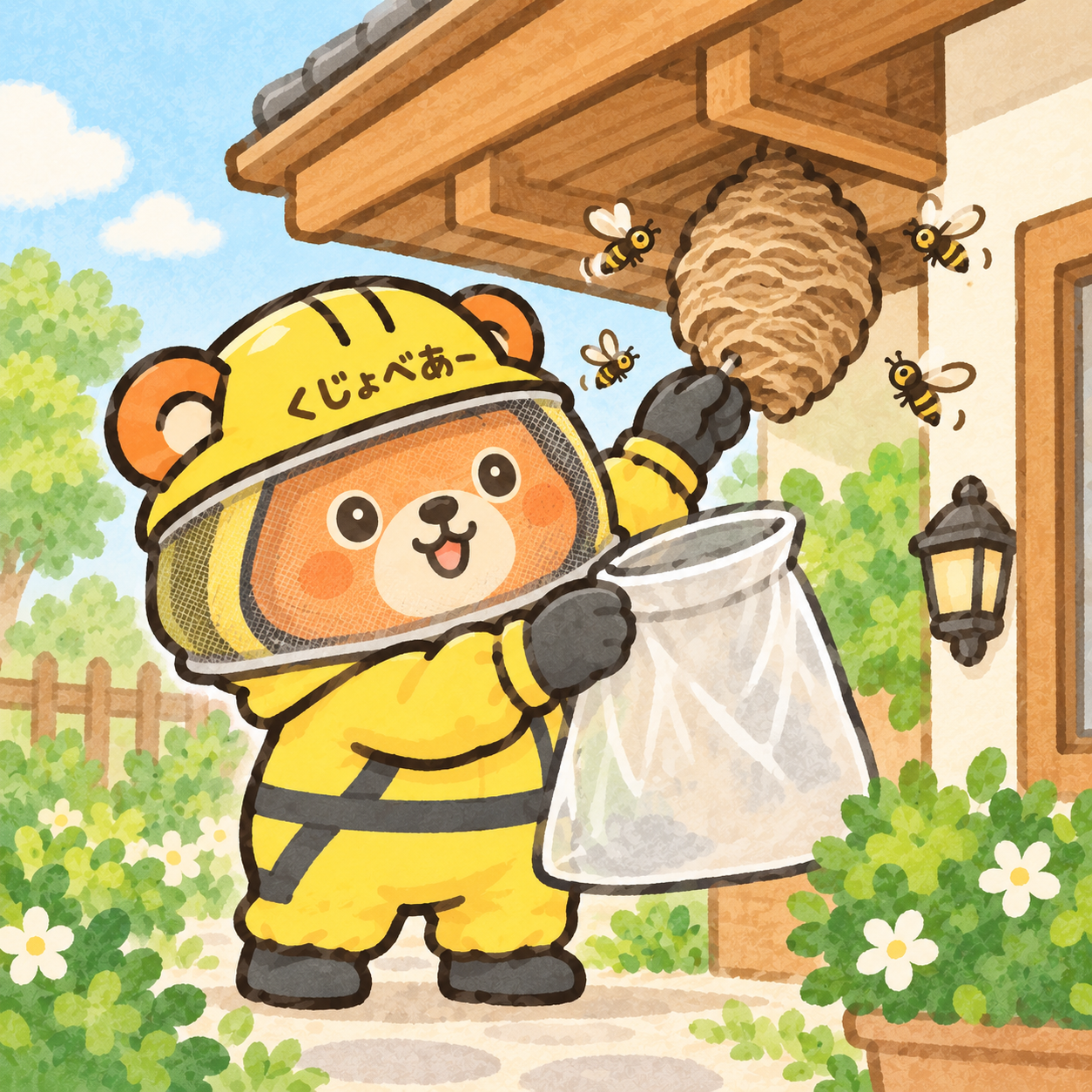 防護服を着た駆除ベアーが蜂の巣を撤去するイメージ