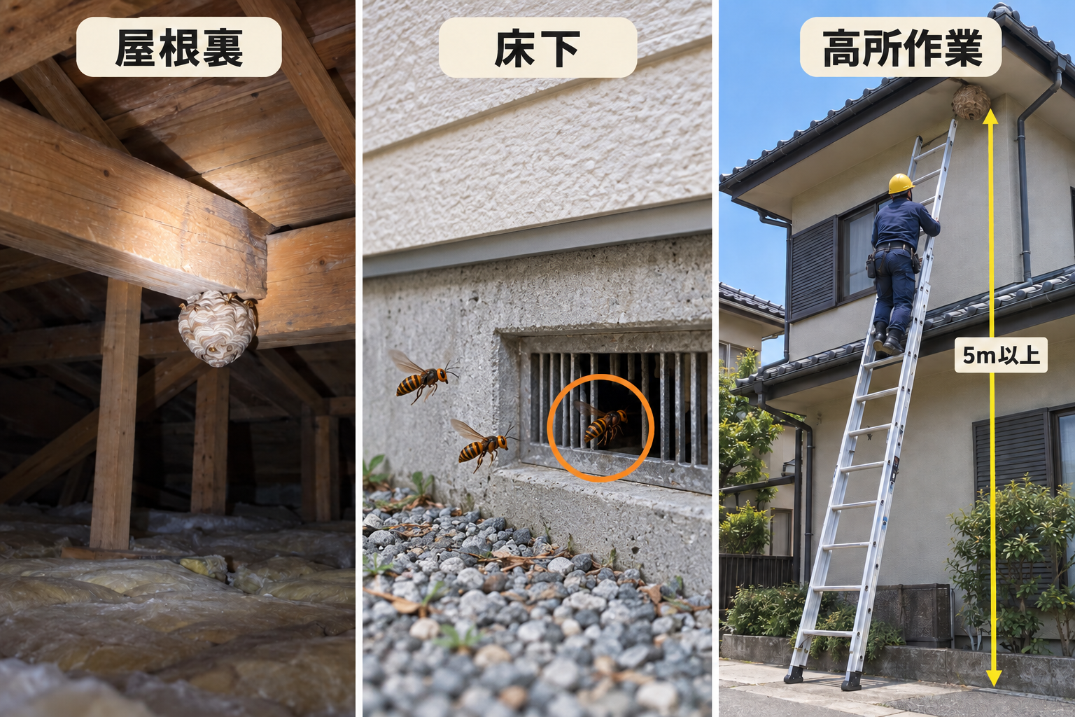屋根裏、床下、5m以上の高所作業のイメージ