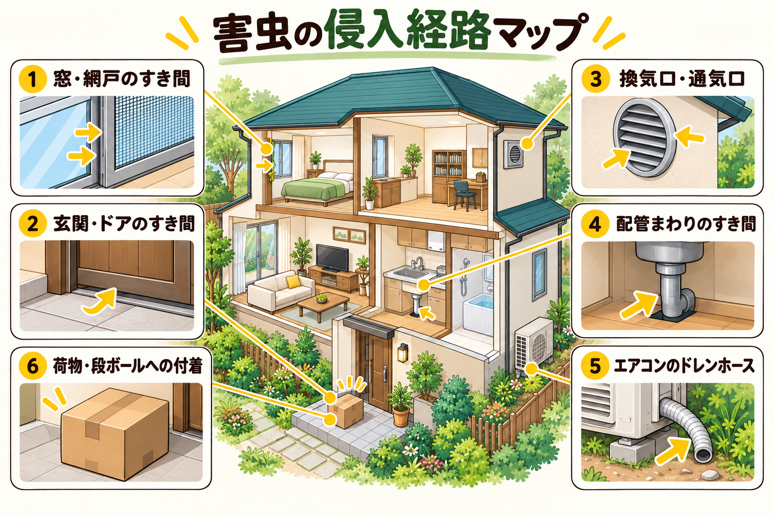 窓・玄関・通気口・配管・ドレンホース・荷物など、害虫の侵入経路マップ