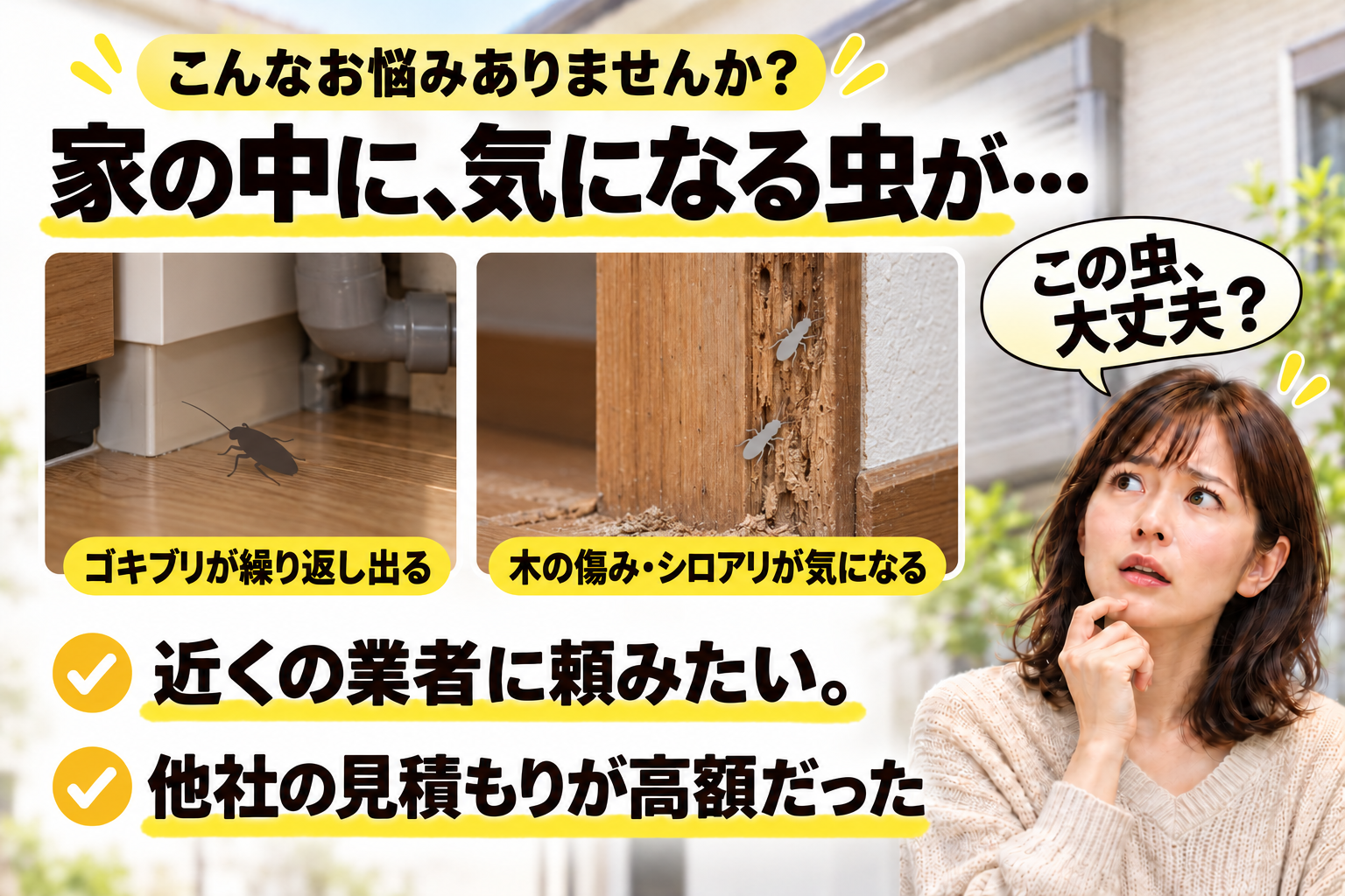 ゴキブリが繰り返し出る、木の傷みやシロアリが気になるなど、害虫駆除のお悩み