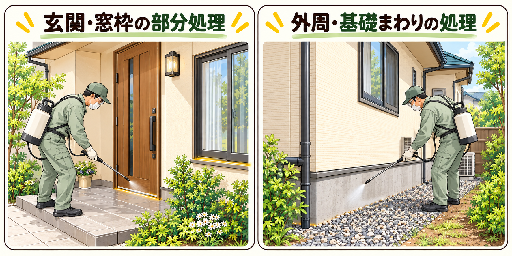 玄関・窓枠への部分処理と外周・基礎まわりへの薬剤散布